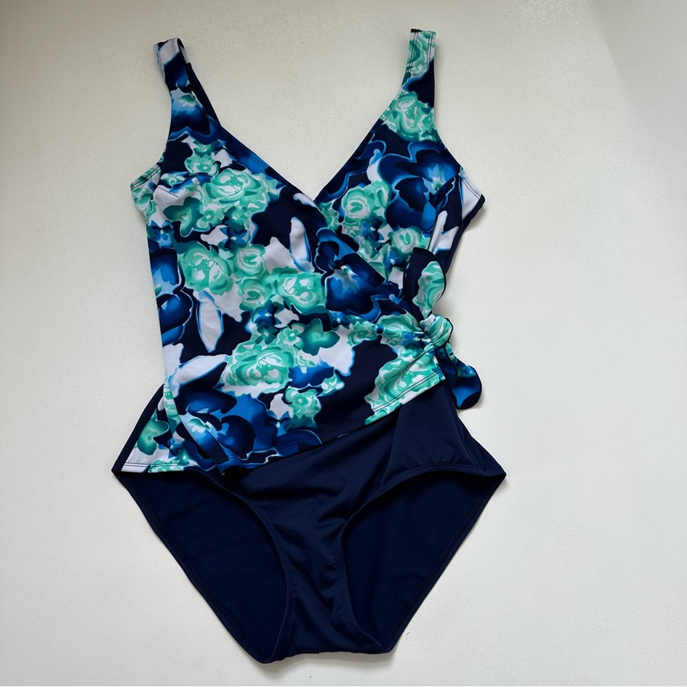 Vintage Gabar One Piece Faux Wrap Floral Print Bathing Suit Womens Size 16